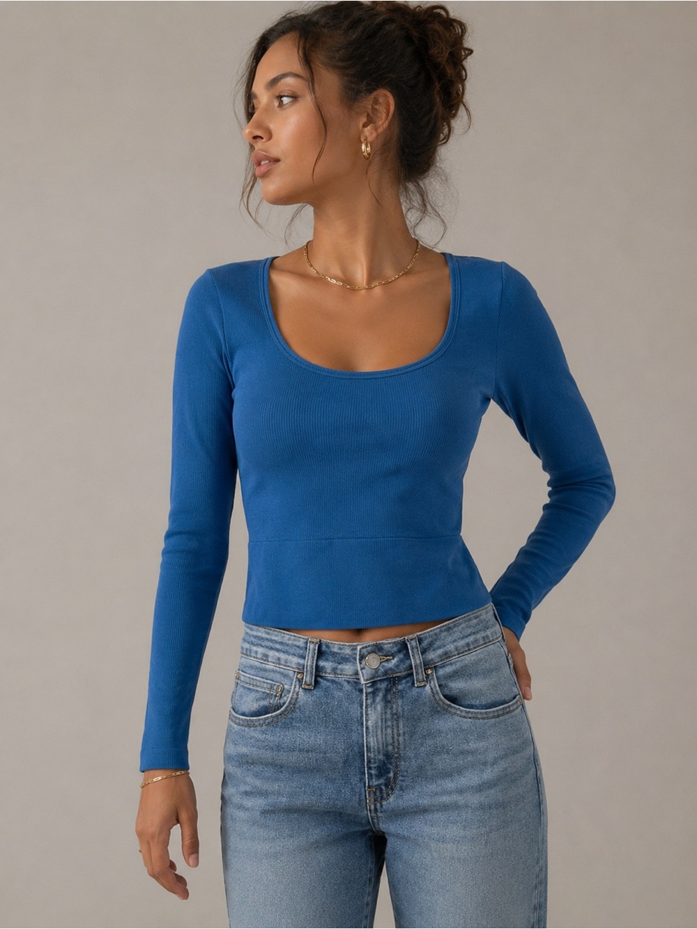 Athleta Long Sleeve Ribbed Crop Top Built In Shelf Bra Blue XS Athletic Yoga